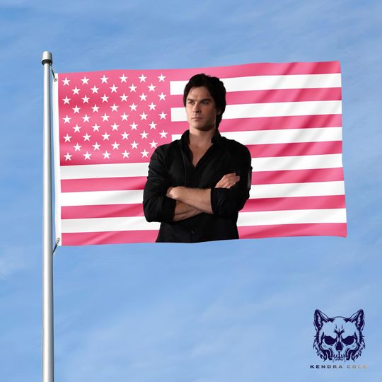 Damon Salvatore Pink Flag Tapestry | Vampire Diaries Wall Decor | TVD Fan Gift | Bedroom & Dorm Wall Hanging | Custom U.S. Flag Poster