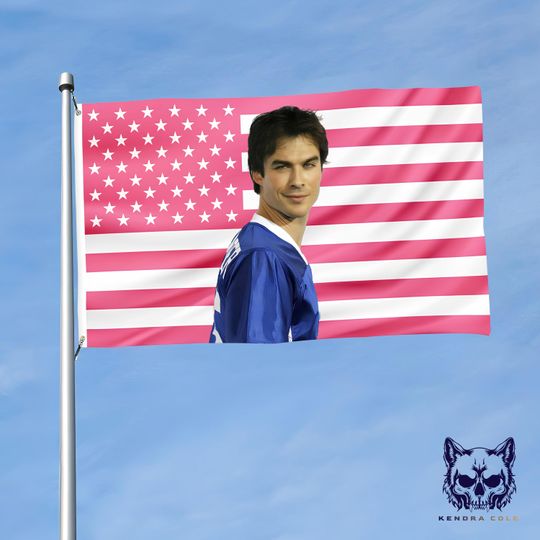 Discover Damon Salvatore Pink Flag Tapestry | Vampire Diaries Wall Art | TVD Fan Decor | Celebrity Lover Gift | Dorm & Bedroom Wall Hanging