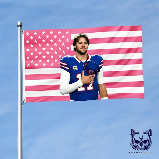 Josh Allen Flag  Buffalo Bills Pink American Flag football Football Wall Decor  QB Josh Allen Gift for Fans  Patriotic Sports Art