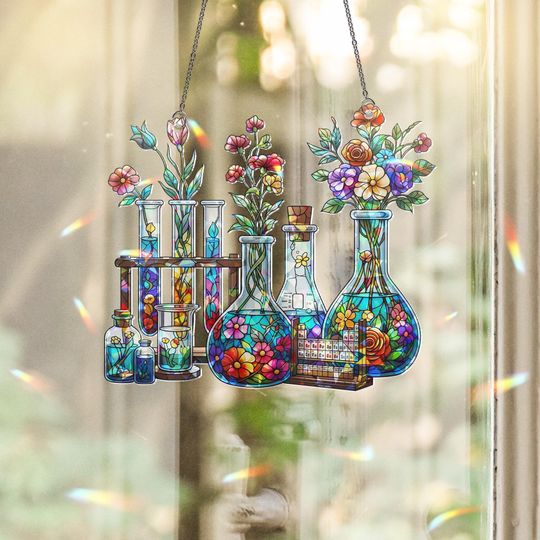 Discover Science Classroom Acrylic Window Hanging | Chemistry Teacher Decor | Lab Glassware Art | Back to School STEM Gift for Teachers