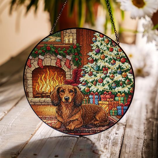 Discover Christmas Dachshund Suncatcher  Holiday Dog Glass Suncatcher with Fireplace and Tree Scene  Glass Window Decoration