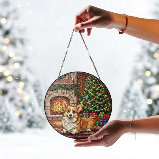 Discover Stained Glass Suncatcher Corgi Dog by Fireplace with Christmas Tree Holiday Ornament