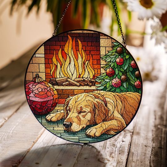 Stained Glass Suncatcher Dog by Fireplace with Christmas Tree Holiday Ornament