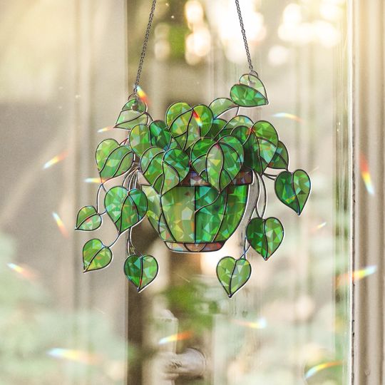 Discover Hanging Heart Leaf Plant Acrylic Hologram Suncatcher | Green Philodendron Window Decor | Boho Houseplant Gift