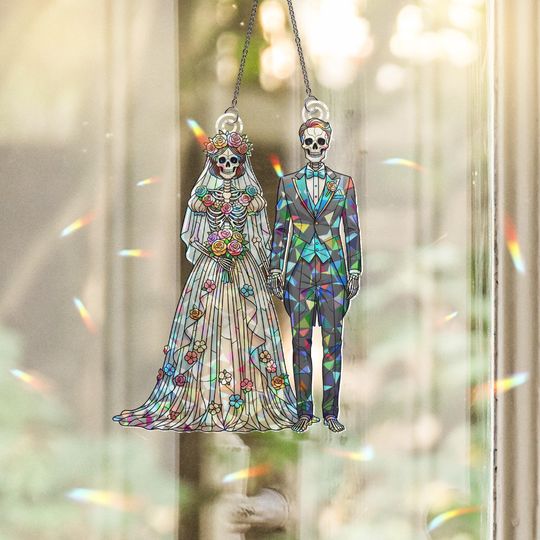 Skeleton Wedding Couple Suncatcher - Gothic Halloween Bride and Groom Decor