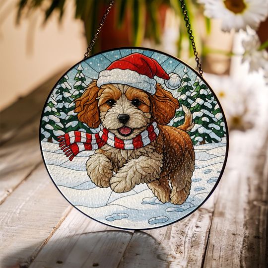 Discover Christmas Dog Suncatcher, Holiday Puppy Window Hanging, Stained Glass Style Ornament, Santa Hat Pet Gift for Dog Lovers