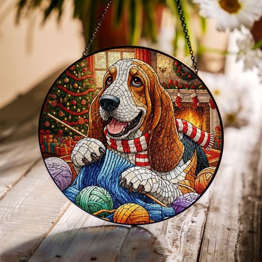 Discover Stained Glass Dog Suncatcher, Basset Hound Window Hanging, Christmas Yarn Knitting Decor