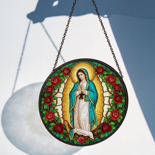 Discover Virgin Mary Stained Glass Suncatcher  Religious Window Hanging with Roses and Halo Design