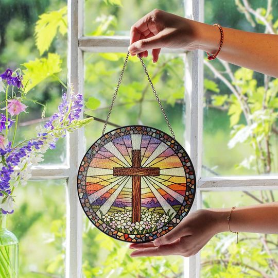 Discover Christian Cross Glass Suncatcher  Religious Window Hanging with Stained Glass Sunrise Design