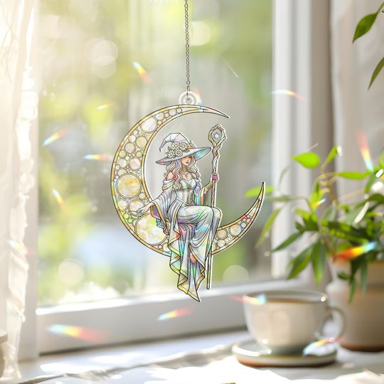 Discover Moon Witch Suncatcher: Holographic Crystal Prism, Boho Window Decor