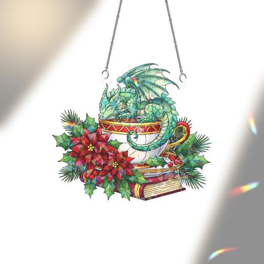 Acrylic Window Hanging: Christmas Dragon Sun Catcher Holiday Decoration with Poinsettias