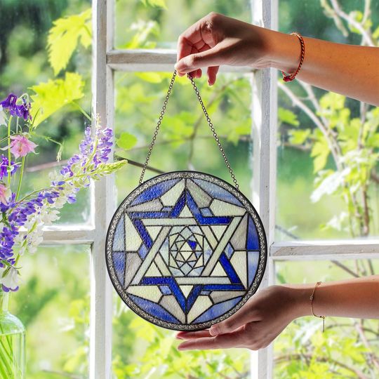 Glass Suncatcher Star of David Blue Stained Glass Judaica Window Hanging