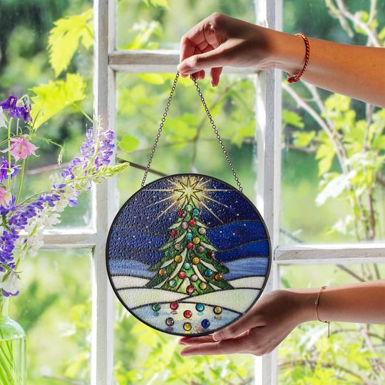 Glass Suncatcher Christmas Tree Stained Glass Holiday Window Hanging