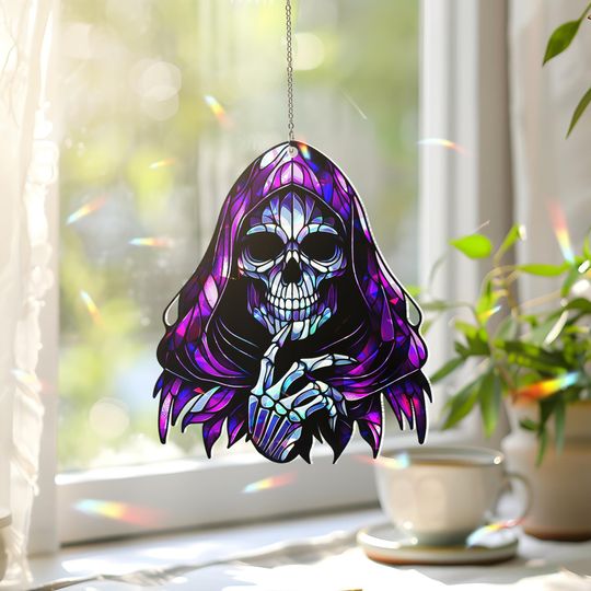 Grim Reaper Suncatcher - Gothic Stained Glass Halloween Decor - Spooky Skeleton Window Hanging Ornament