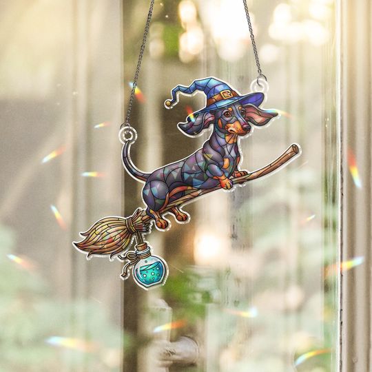 Discover Halloween Dachshund Suncatcher: Stained Glass Style Witch Wiener Dog