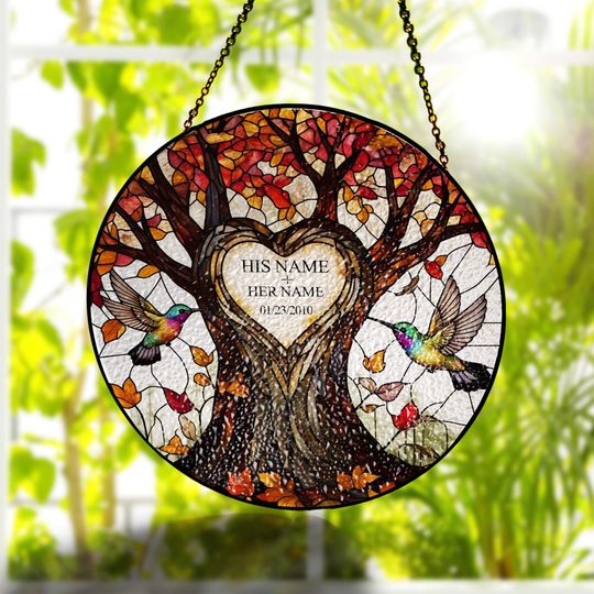 Discover Personalized Tree of Life Glass Suncatcher Window Hanging, Custom Names Date Carved Look, Hummingbird Art, Couple Gift, Anniversary Wedding