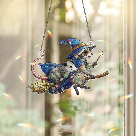 Discover Witch Raccoon Possum Suncatcher: Hologram Acrylic Halloween Window Decor
