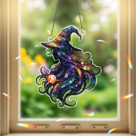 Discover Holographic Galaxy Witch Suncatcher: Stained Glass Style Acrylic Ornament