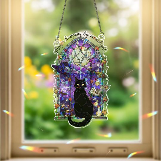 Discover Black Cat Suncatcher: Hologram Witch Window Decor