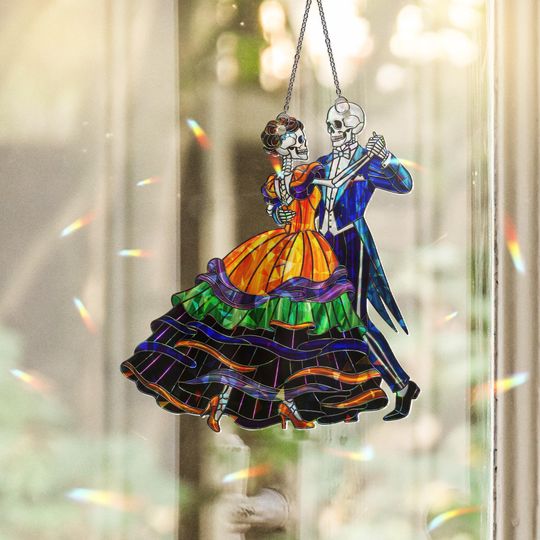 Discover Stained Glass Skeleton Couple Suncatcher: Gothic Halloween Window Decor
