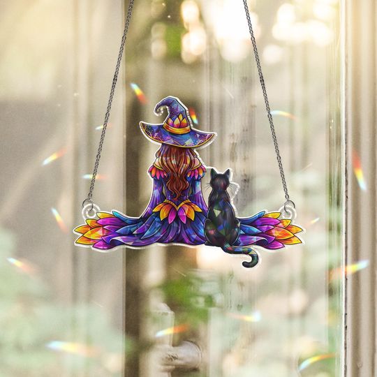 Discover Holographic Witch & Black Cat Suncatcher: Stained Glass Window Hanging