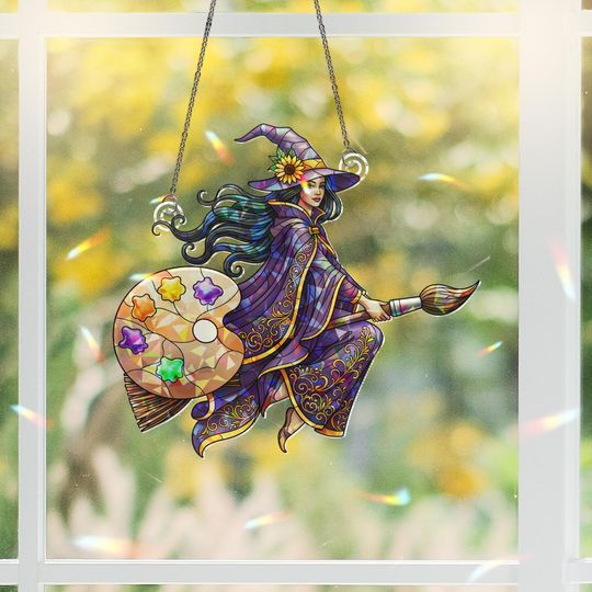 Holographic Witch Suncatcher: Broken Glass Effect Acrylic Ornament
