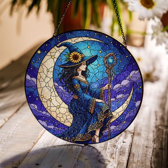 Discover Witch Stained Glass Suncatcher: Crescent Moon Window Decor