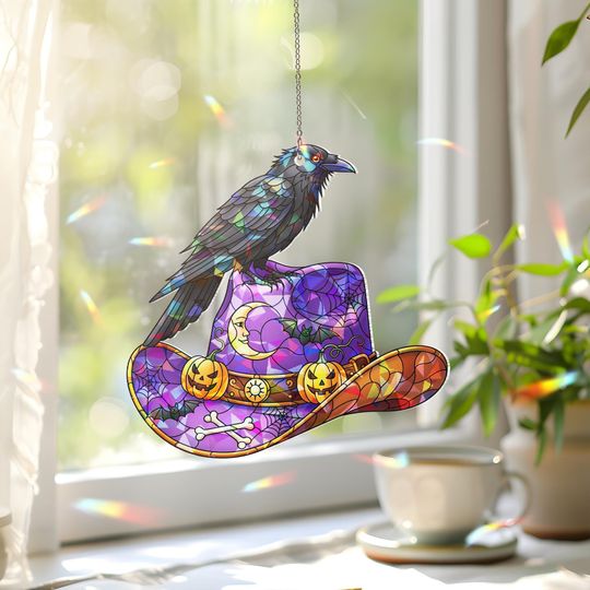 Discover Halloween Raven Cowboy Hat Suncatcher | Stained Glass Western Spooky Window Decor | Gothic Fall Ornament