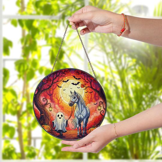 Ghost and Horse Stained Glass Suncatcher: Halloween Window Hanging
