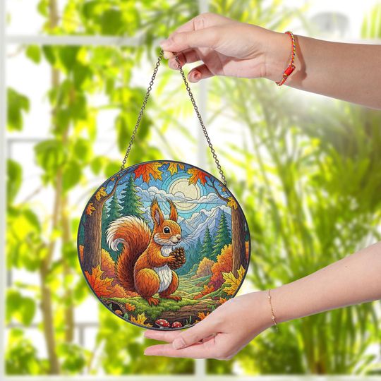 Discover Squirrel Stained Glass Suncatcher: Autumn Woodland Window Hanging