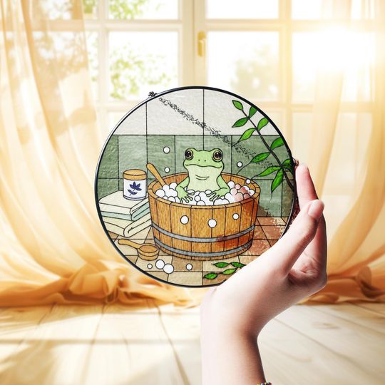Discover Frog Bathtub Suncatcher: Whimsical Animal Window Hanging, Cottagecore Decor