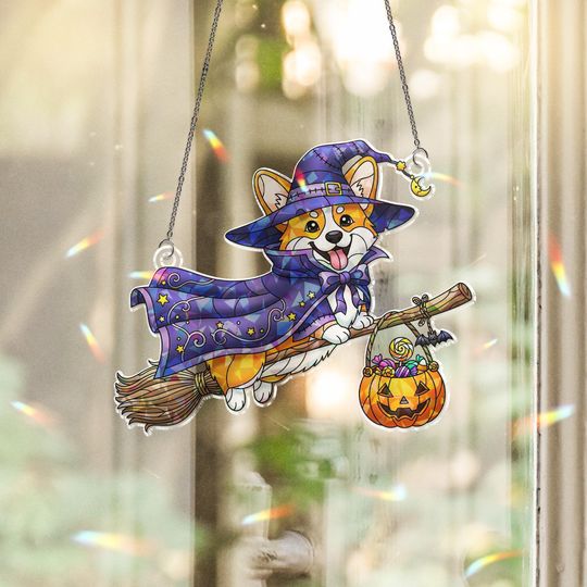 Holographic Corgi Witch Suncatcher: Flying Dog on Broom Window Decor