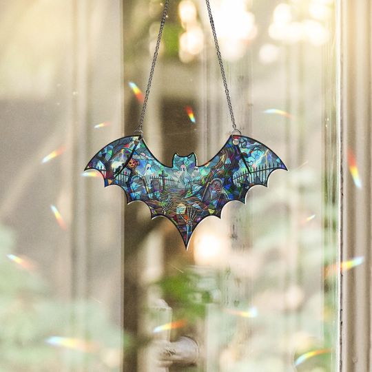 Discover Bat Suncatcher Gothic Halloween Window Hanging Haunted Graveyard Stained Glass Art