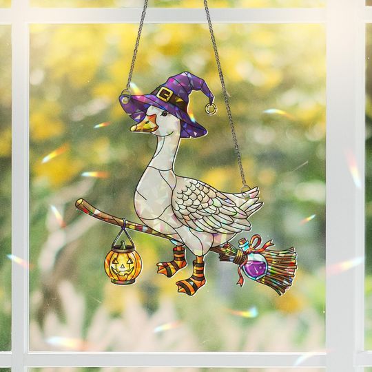 Discover Holographic Broken Glass Suncatcher: Halloween Witch Goose with Pumpkin Lantern