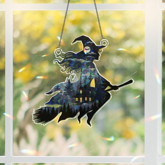 Witch Suncatcher: Holographic Cabin & Forest Ornament