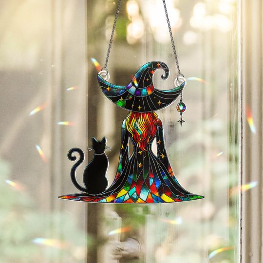 Witch and Black Cat Suncatcher  Stained Glass Halloween Window Decor  Gothic Rainbow Ornament Gift