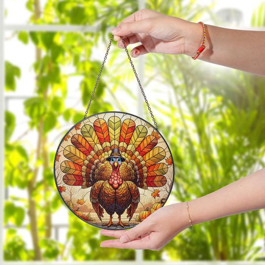 Thanksgiving Turkey Stained Glass Suncatcher | Fall Window Hanging Decor | Autumn Leaf Sun Catcher Ornament