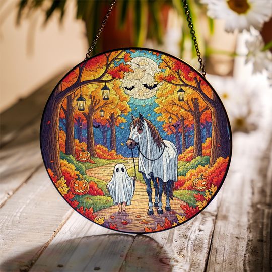 Discover Halloween Horse Ghost Suncatcher: Fall Pumpkin Stained Glass Window Art