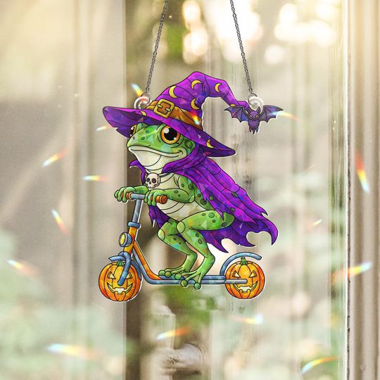 Discover Funny Halloween Frog Suncatcher  Witch Frog on Scooter Window Hanging Decor