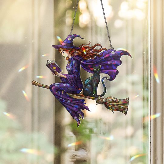Discover Halloween Witch Suncatcher  Stained Glass Style Flying Witch and Cat Window Decor
