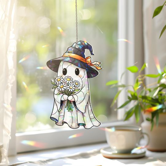 Discover Ghost Suncatcher with Witch Hat: Holographic Stained Glass Decor