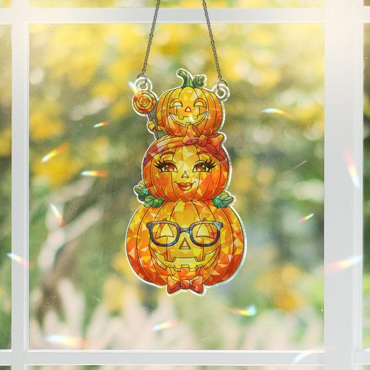 Discover Holographic Pumpkin Family Suncatcher: Stained Glass Style Halloween Decor