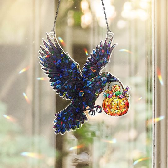 Halloween Raven Suncatcher: Holographic Acrylic Stained Glass Window Hanging