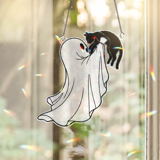 Discover Ghost and Cat Suncatcher: Holographic Halloween Window Ornament