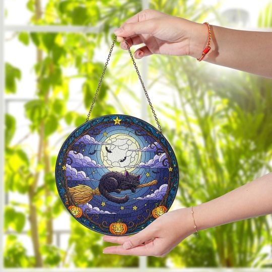 Discover Black Cat Suncatcher: Halloween Witch on Broom, Stained Glass Window Decor
