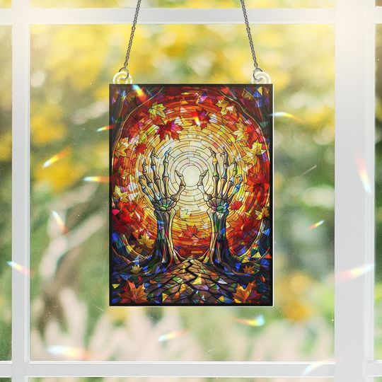 Skeleton Hands Suncatcher: Holographic Autumn Leaves Gothic Window Decor