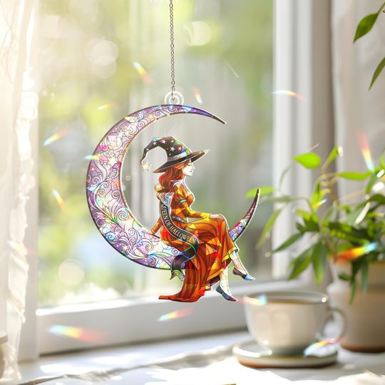 Discover Holographic Crescent Moon Suncatcher: Halloween Witch Stained Glass Window Decor