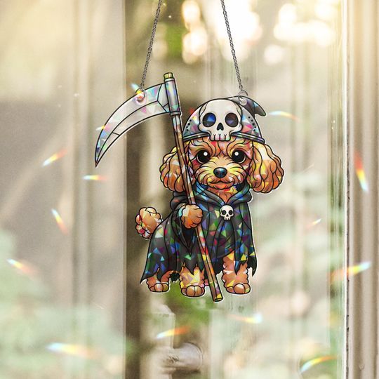Discover Grim Reaper Dog Sun Catcher: Holographic Halloween Window Art
