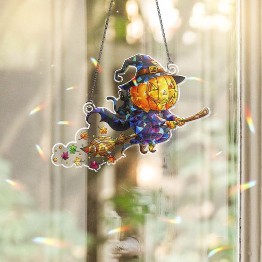 Discover Stained Glass Pumpkin Witch Suncatcher  Halloween Flying Jack-o-Lantern Window Decor