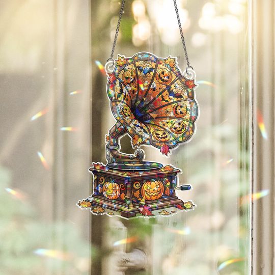 Discover Halloween Phonograph Suncatcher  Stained Glass Jack-o-Lantern Gramophone Window Decor